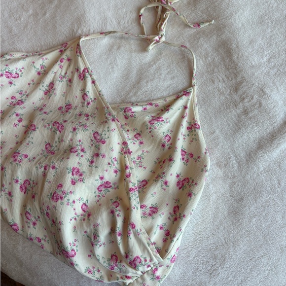 ZARA Halter Neck Wrap Crop Top Tie-Back Women’s Medium Satin Cream Floral - Picture 5 of 9